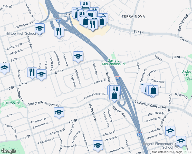 map of restaurants, bars, coffee shops, grocery stores, and more near 760 Nolan Avenue in Chula Vista