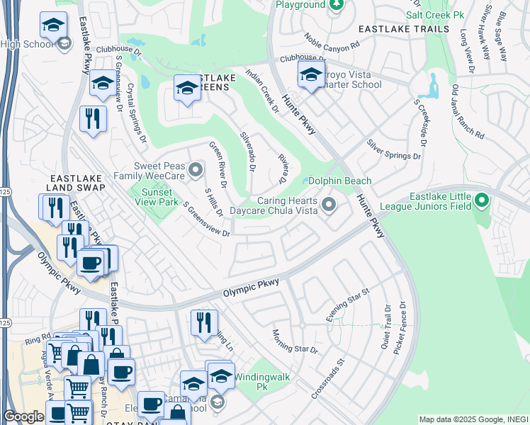 map of restaurants, bars, coffee shops, grocery stores, and more near 2409 Steamboat Springs Court in Chula Vista