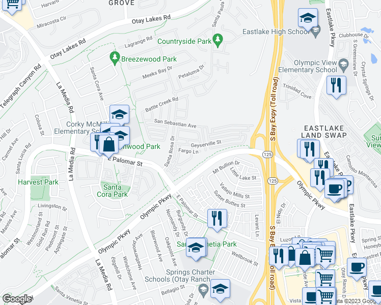 map of restaurants, bars, coffee shops, grocery stores, and more near in Chula Vista