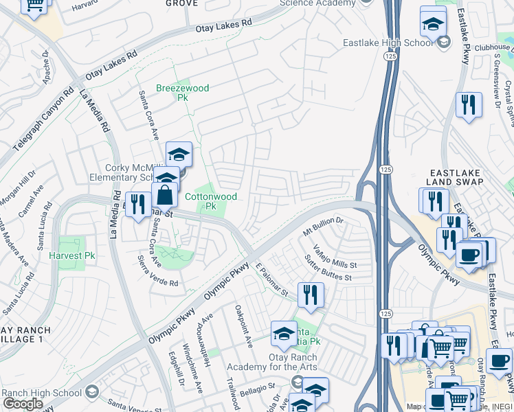 map of restaurants, bars, coffee shops, grocery stores, and more near 1279 Fools Gold Way in Chula Vista