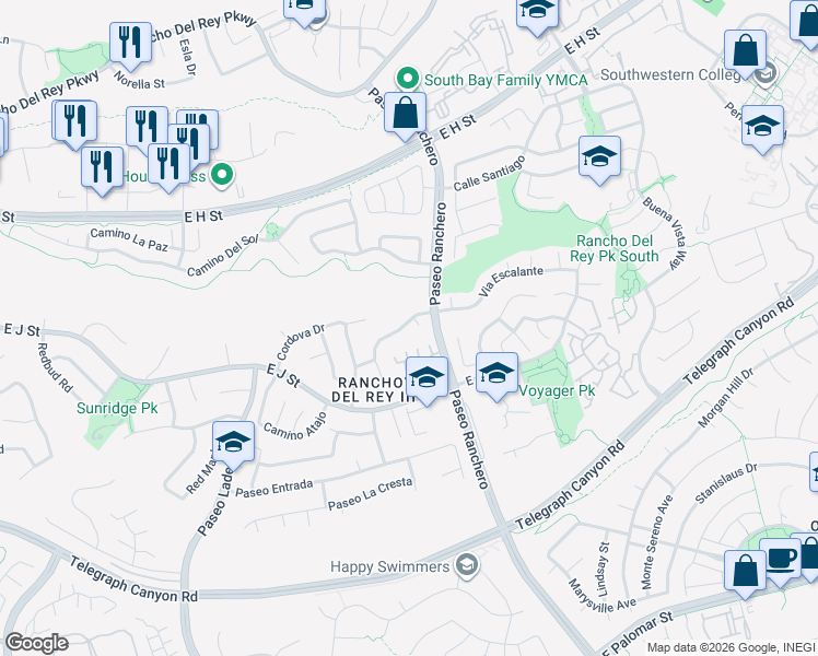 map of restaurants, bars, coffee shops, grocery stores, and more near 993 Via Sinuoso in Chula Vista