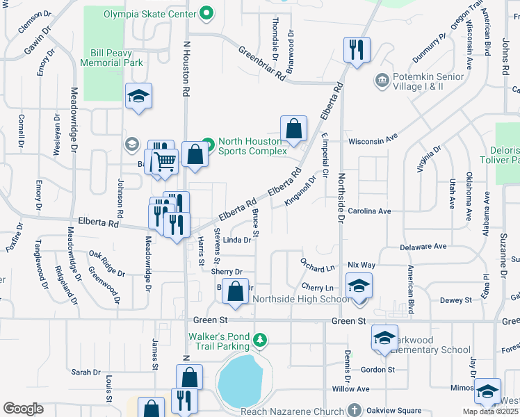 map of restaurants, bars, coffee shops, grocery stores, and more near 334 Bruce Street in Warner Robins