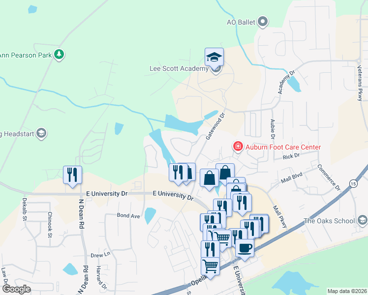 map of restaurants, bars, coffee shops, grocery stores, and more near 1309 Gatewood Drive in Auburn