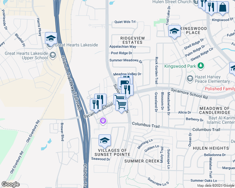 map of restaurants, bars, coffee shops, grocery stores, and more near 5300 Sycamore School Road in Fort Worth