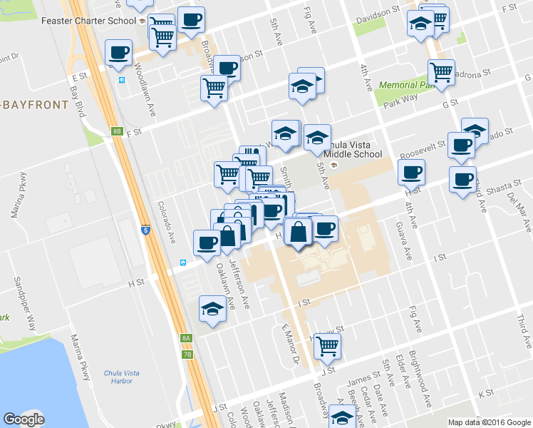 map of restaurants, bars, coffee shops, grocery stores, and more near 471 Broadway in Chula Vista