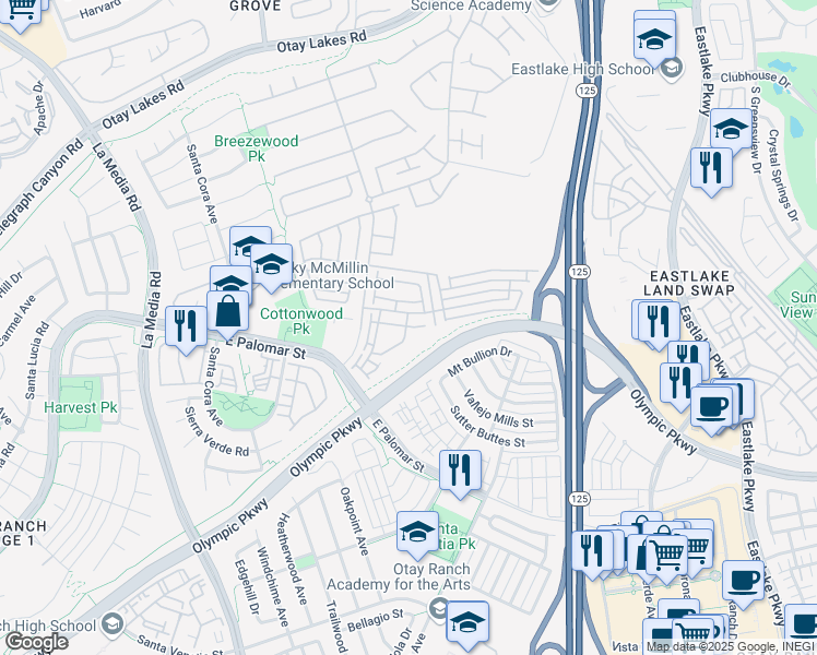 map of restaurants, bars, coffee shops, grocery stores, and more near Fargo Lane & Haglar Way in Chula Vista
