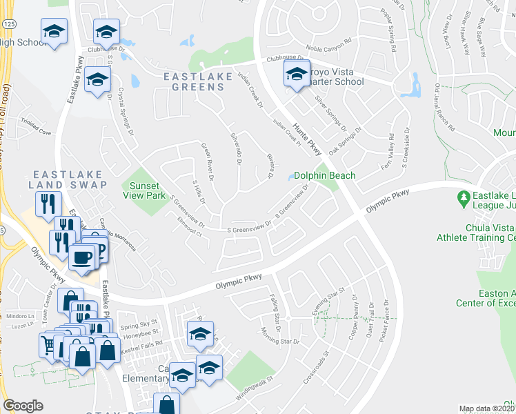 map of restaurants, bars, coffee shops, grocery stores, and more near 2409 Steamboat Springs Court in Chula Vista