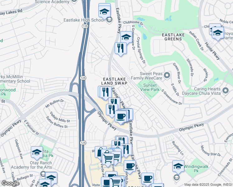 map of restaurants, bars, coffee shops, grocery stores, and more near Eastlake Parkway in Chula Vista