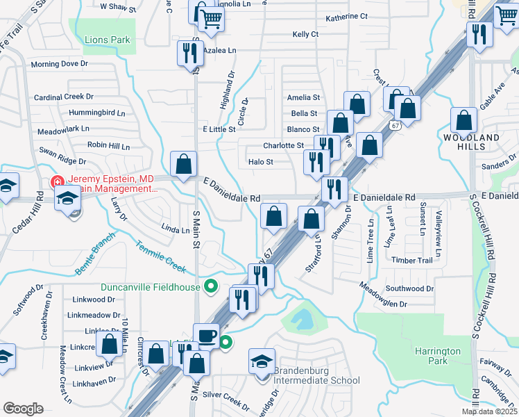 map of restaurants, bars, coffee shops, grocery stores, and more near 1523 Sunrise Lane in Duncanville