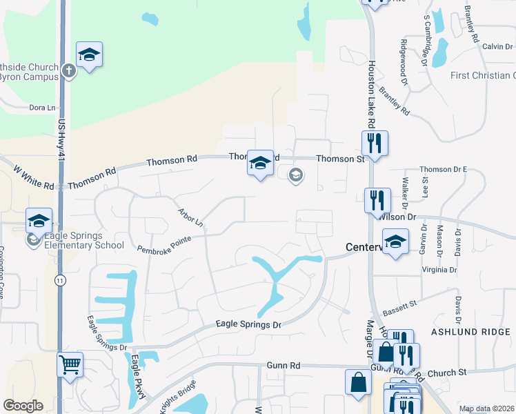 map of restaurants, bars, coffee shops, grocery stores, and more near 104 Crosslink Trail in Centerville