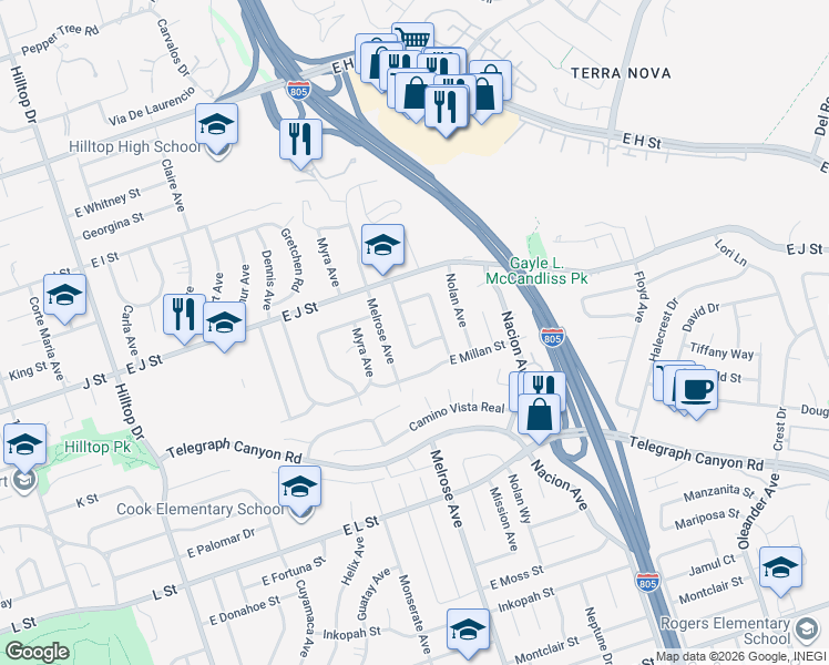 map of restaurants, bars, coffee shops, grocery stores, and more near 304 Margo Court in Chula Vista