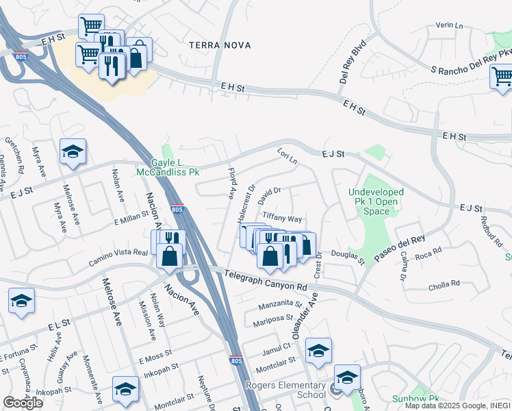 map of restaurants, bars, coffee shops, grocery stores, and more near 838 David Drive in Chula Vista