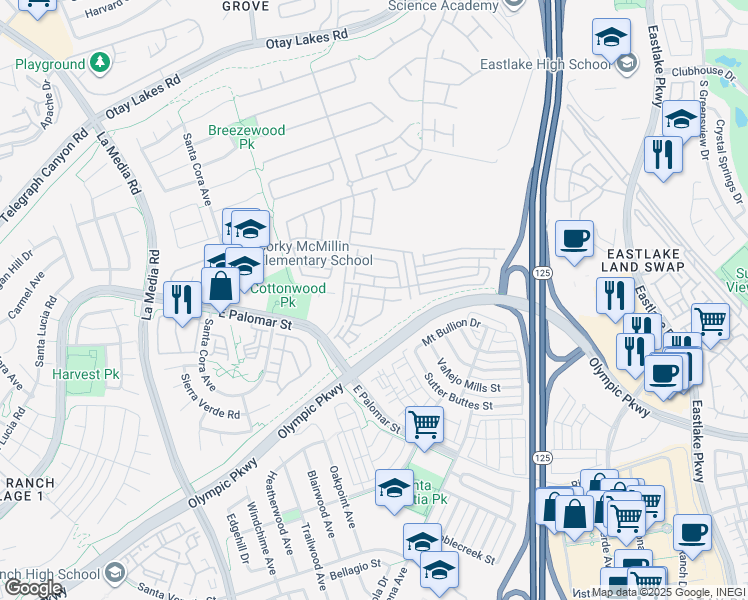map of restaurants, bars, coffee shops, grocery stores, and more near 1279 Fools Gold Way in Chula Vista