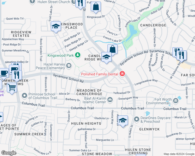 map of restaurants, bars, coffee shops, grocery stores, and more near 4809 Madyson Ridge Drive in Fort Worth