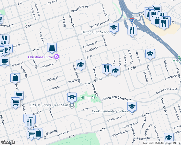 map of restaurants, bars, coffee shops, grocery stores, and more near 646 Hilltop Drive in Chula Vista