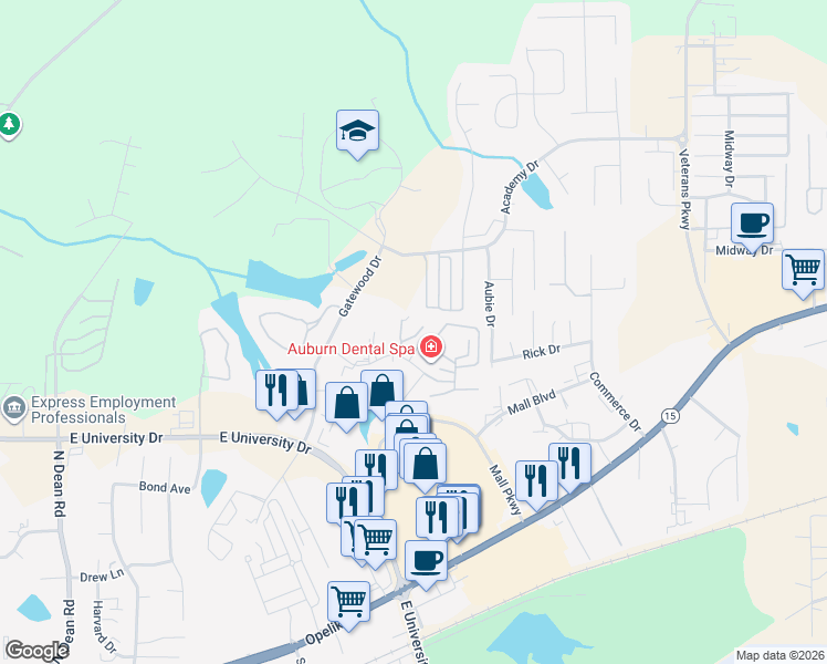 map of restaurants, bars, coffee shops, grocery stores, and more near 1553 Professional Parkway in Auburn