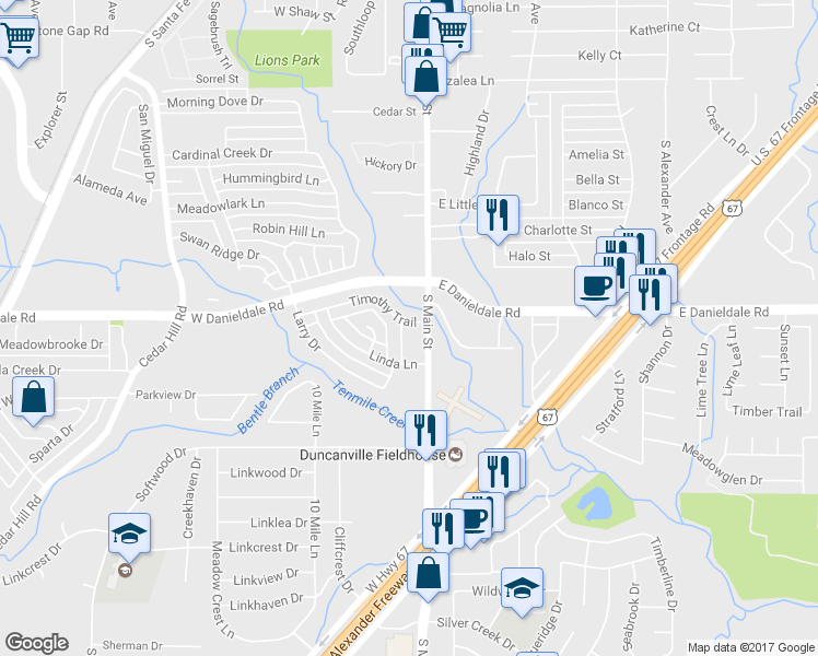 map of restaurants, bars, coffee shops, grocery stores, and more near 1502 Sharon Drive in Duncanville