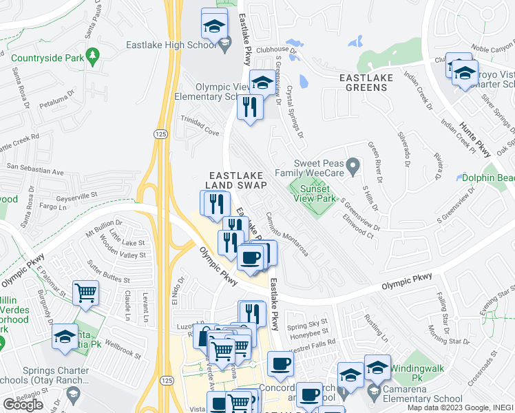 map of restaurants, bars, coffee shops, grocery stores, and more near 2144 Caminito Elda in Chula Vista