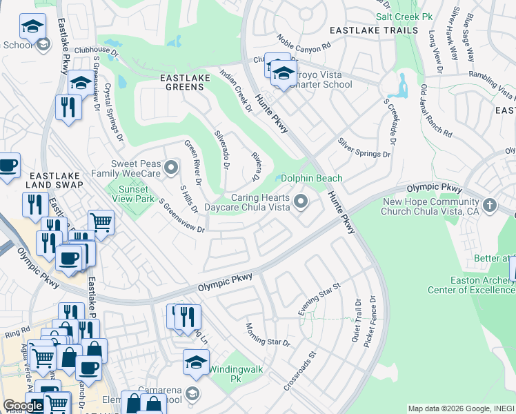 map of restaurants, bars, coffee shops, grocery stores, and more near 2432 Steamboat Springs Court in Chula Vista