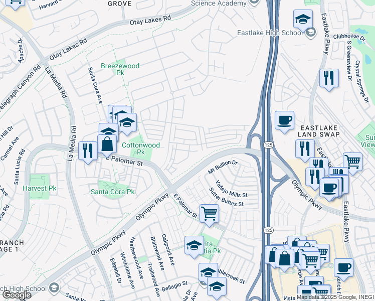 map of restaurants, bars, coffee shops, grocery stores, and more near in Chula Vista