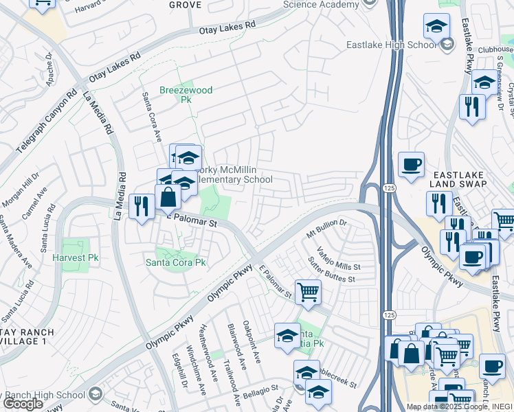 map of restaurants, bars, coffee shops, grocery stores, and more near 1279 Fools Gold Way in Chula Vista