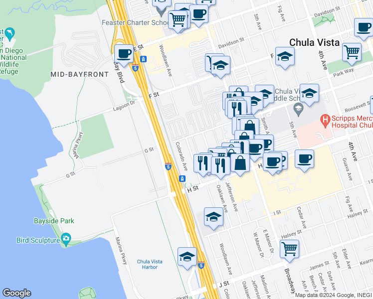 map of restaurants, bars, coffee shops, grocery stores, and more near 423 Woodlawn Avenue in Chula Vista