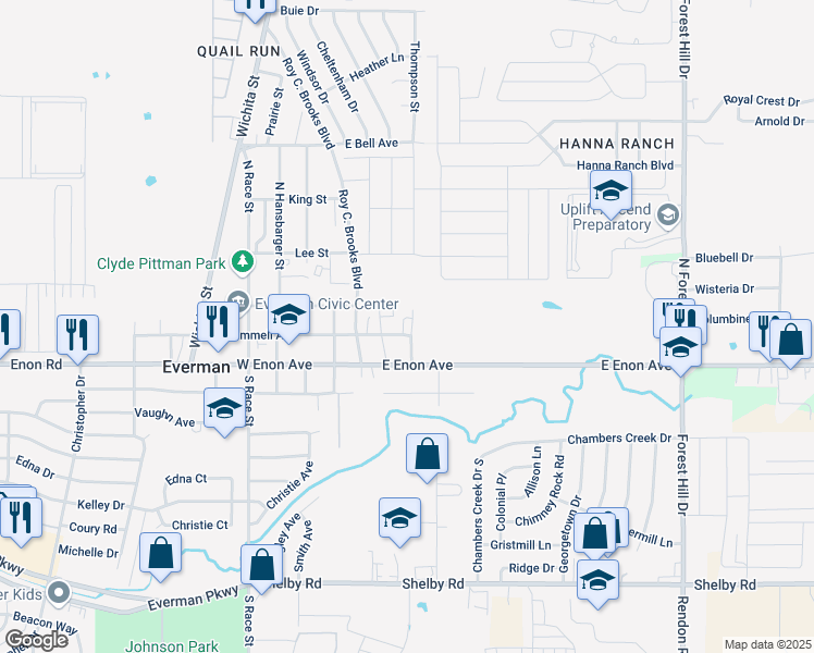 map of restaurants, bars, coffee shops, grocery stores, and more near 205 Thompson Street in Everman
