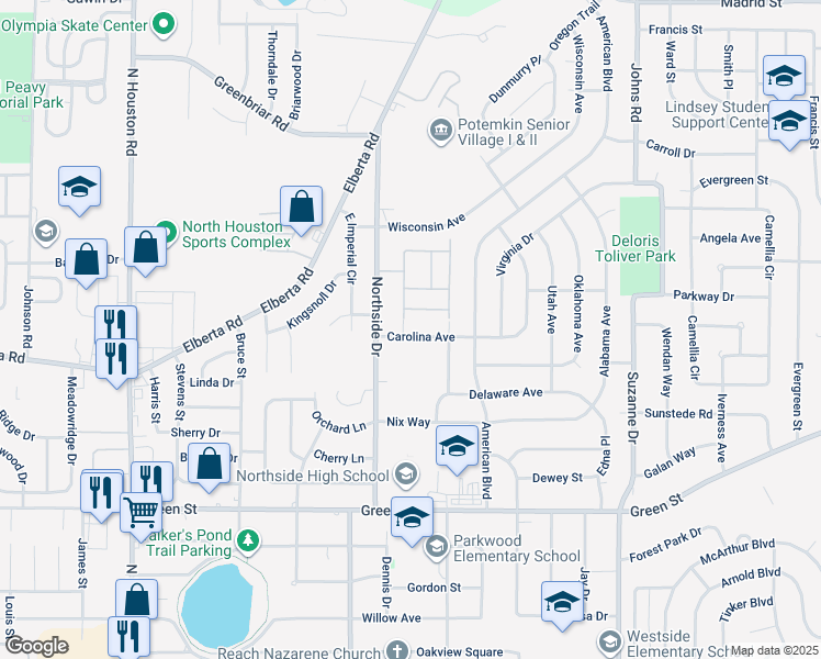 map of restaurants, bars, coffee shops, grocery stores, and more near 201 Carolina Avenue in Warner Robins