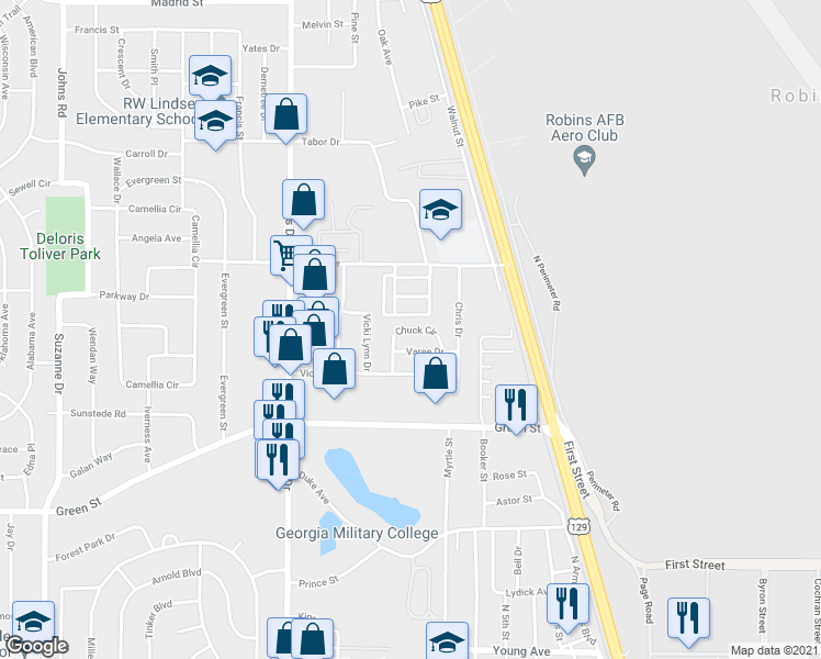 map of restaurants, bars, coffee shops, grocery stores, and more near 115 Chuck Circle in Warner Robins