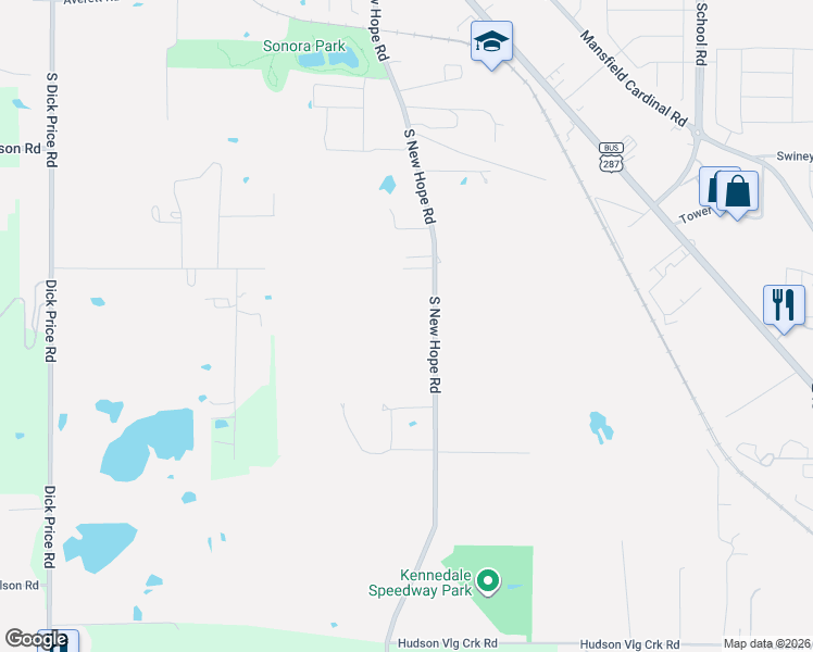 map of restaurants, bars, coffee shops, grocery stores, and more near 600 South New Hope Road in Kennedale