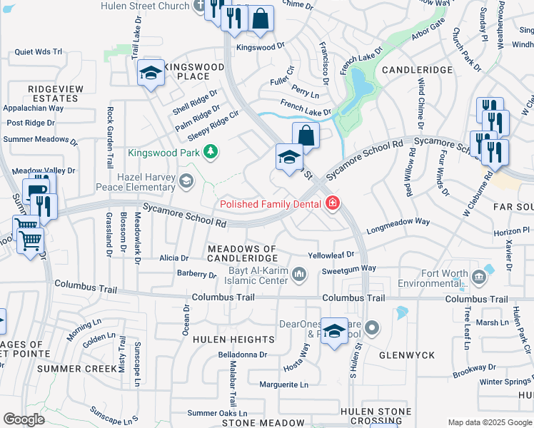map of restaurants, bars, coffee shops, grocery stores, and more near 4805 Madyson Ridge Drive in Fort Worth