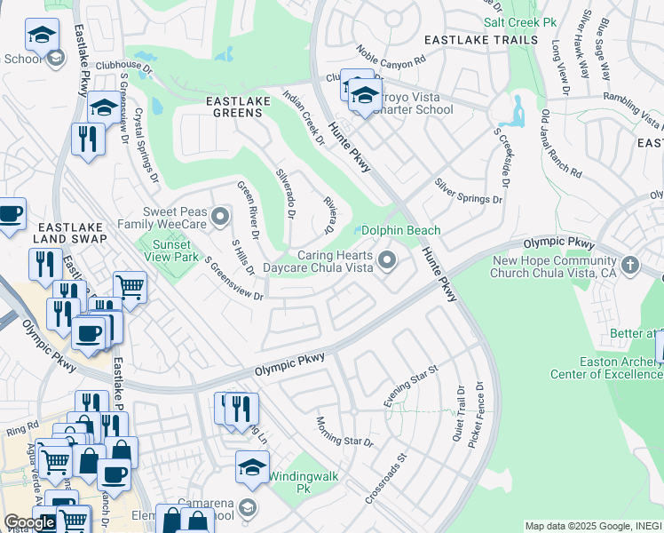 map of restaurants, bars, coffee shops, grocery stores, and more near 2432 Steamboat Springs Court in Chula Vista
