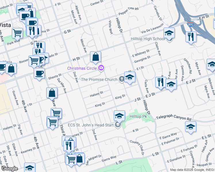 map of restaurants, bars, coffee shops, grocery stores, and more near 100 Mitscher Street in Chula Vista