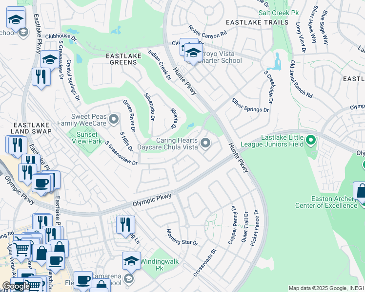 map of restaurants, bars, coffee shops, grocery stores, and more near 2428 Steamboat Springs Court in Chula Vista