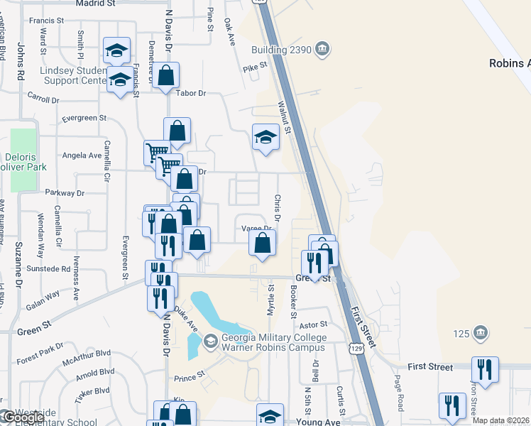 map of restaurants, bars, coffee shops, grocery stores, and more near 106 Chuck Circle in Warner Robins