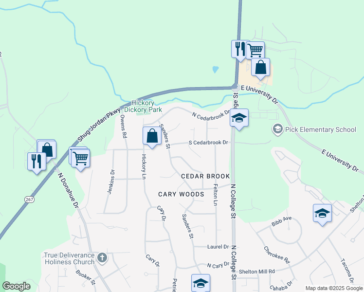 map of restaurants, bars, coffee shops, grocery stores, and more near 323 South Cedarbrook Drive in Auburn