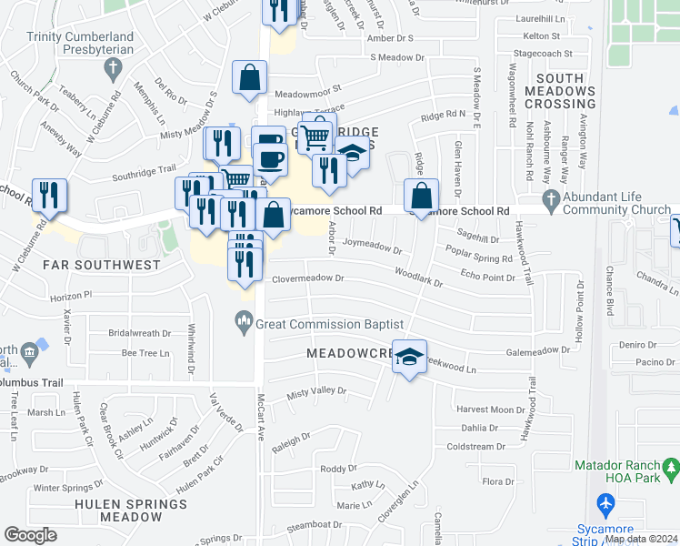 map of restaurants, bars, coffee shops, grocery stores, and more near 3124 Clovermeadow Drive in Fort Worth