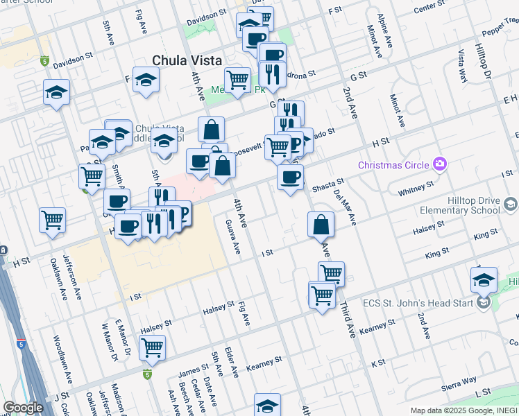 map of restaurants, bars, coffee shops, grocery stores, and more near 534 Glover Avenue in Chula Vista