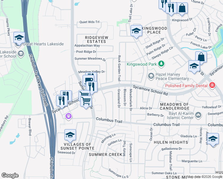 map of restaurants, bars, coffee shops, grocery stores, and more near 5154 Brook Meadow Lane in Fort Worth
