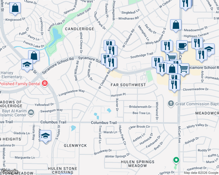 map of restaurants, bars, coffee shops, grocery stores, and more near 7721 Four Winds Drive in Fort Worth