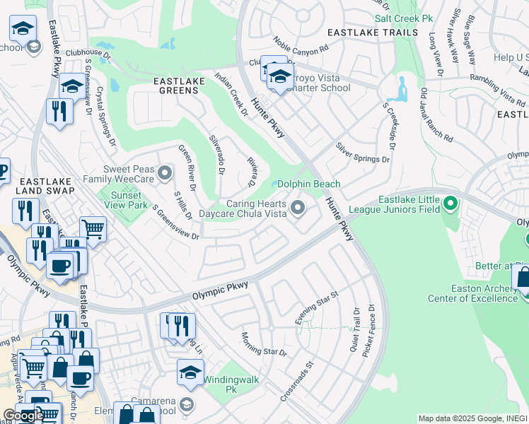 map of restaurants, bars, coffee shops, grocery stores, and more near 2428 Steamboat Springs Court in Chula Vista