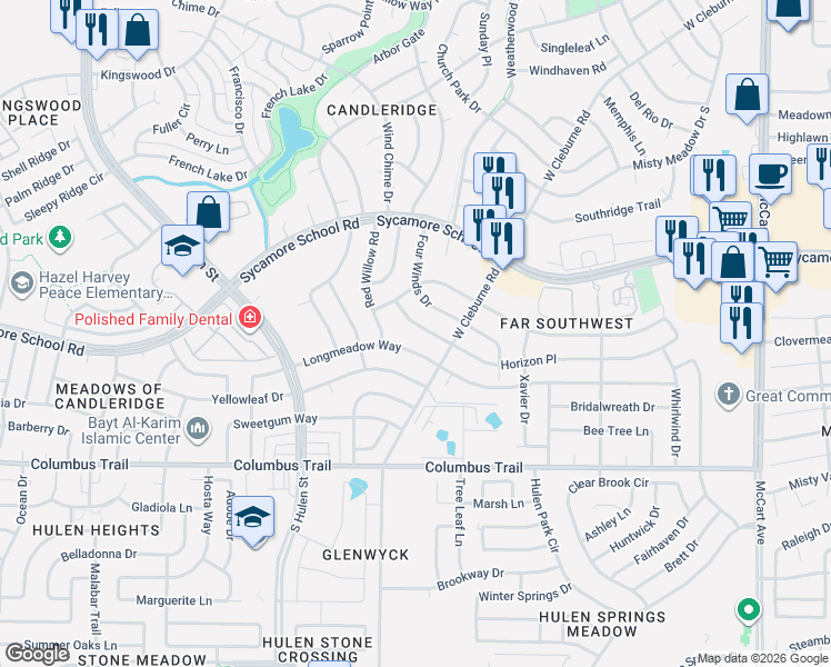 map of restaurants, bars, coffee shops, grocery stores, and more near 4025 Horizon Place in Fort Worth