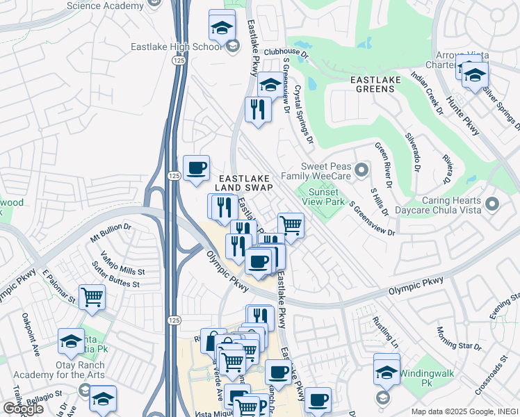 map of restaurants, bars, coffee shops, grocery stores, and more near 2145 Caminito Elda in Chula Vista