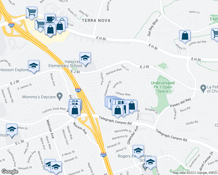 map of restaurants, bars, coffee shops, grocery stores, and more near 839 Halecrest Drive in Chula Vista