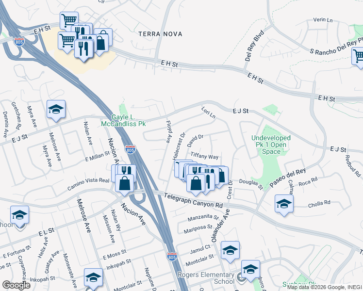 map of restaurants, bars, coffee shops, grocery stores, and more near 839 Halecrest Drive in Chula Vista
