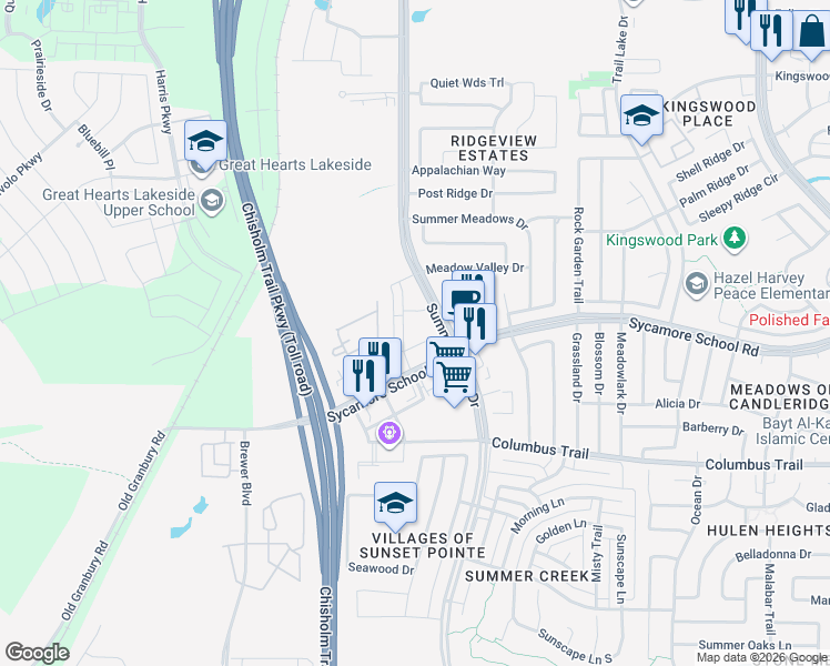 map of restaurants, bars, coffee shops, grocery stores, and more near 5344 Sycamore School Road in Fort Worth