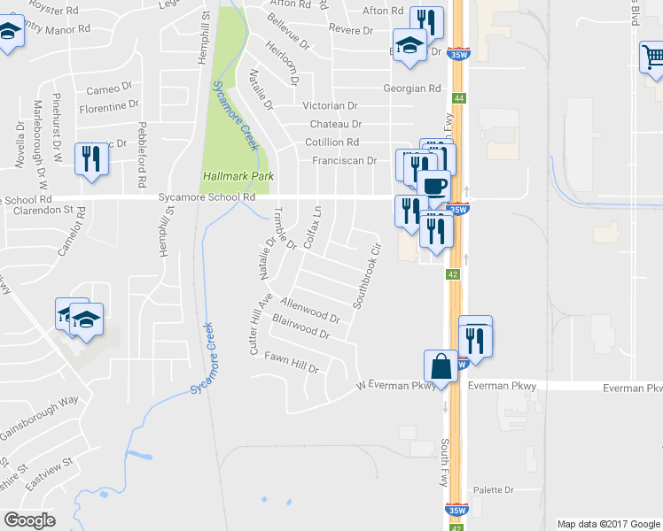 map of restaurants, bars, coffee shops, grocery stores, and more near 8024 Trimble Dr in Fort Worth