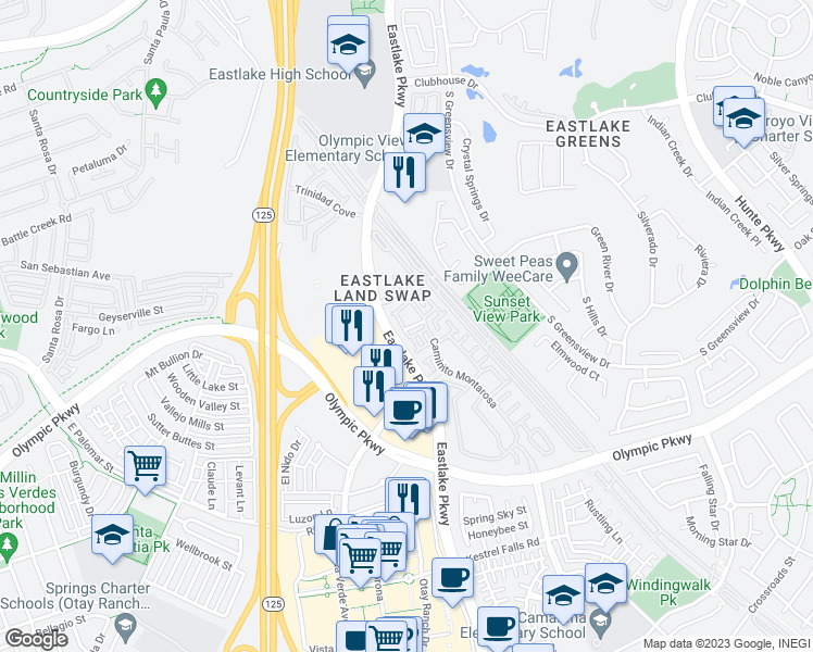 map of restaurants, bars, coffee shops, grocery stores, and more near 2145 Caminito Elda in Chula Vista