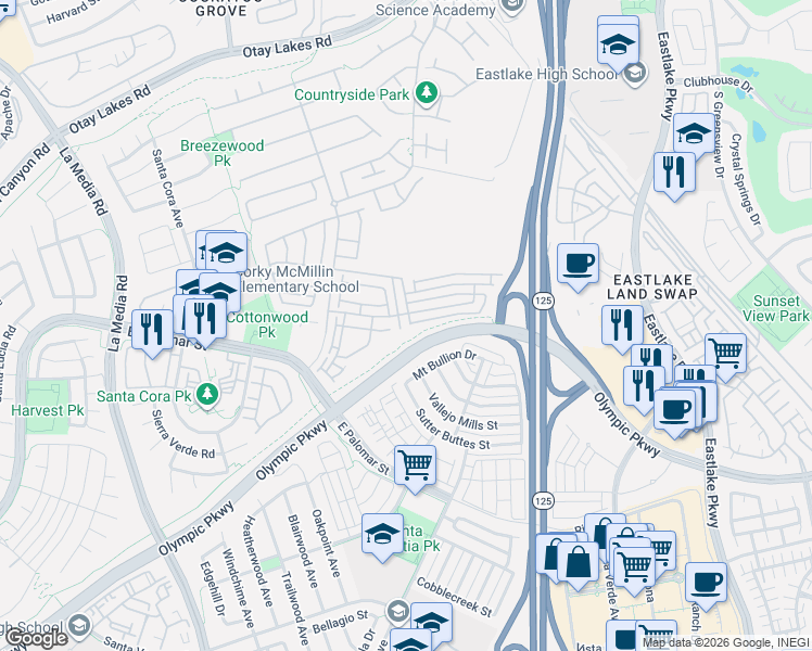 map of restaurants, bars, coffee shops, grocery stores, and more near 1928 Geyserville Street in Chula Vista