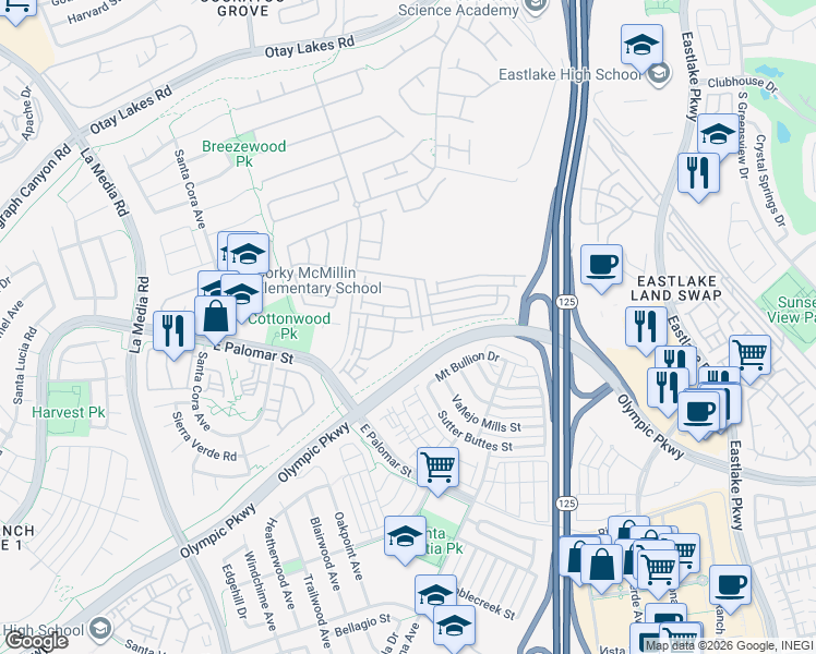 map of restaurants, bars, coffee shops, grocery stores, and more near in Chula Vista